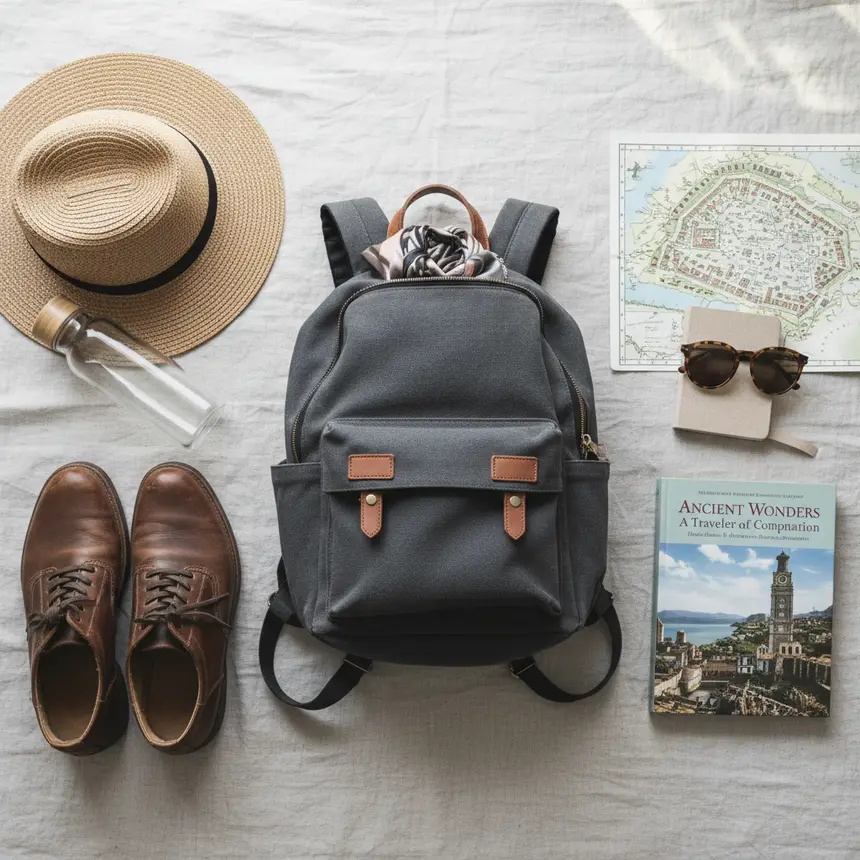 Travel essentials flat lay