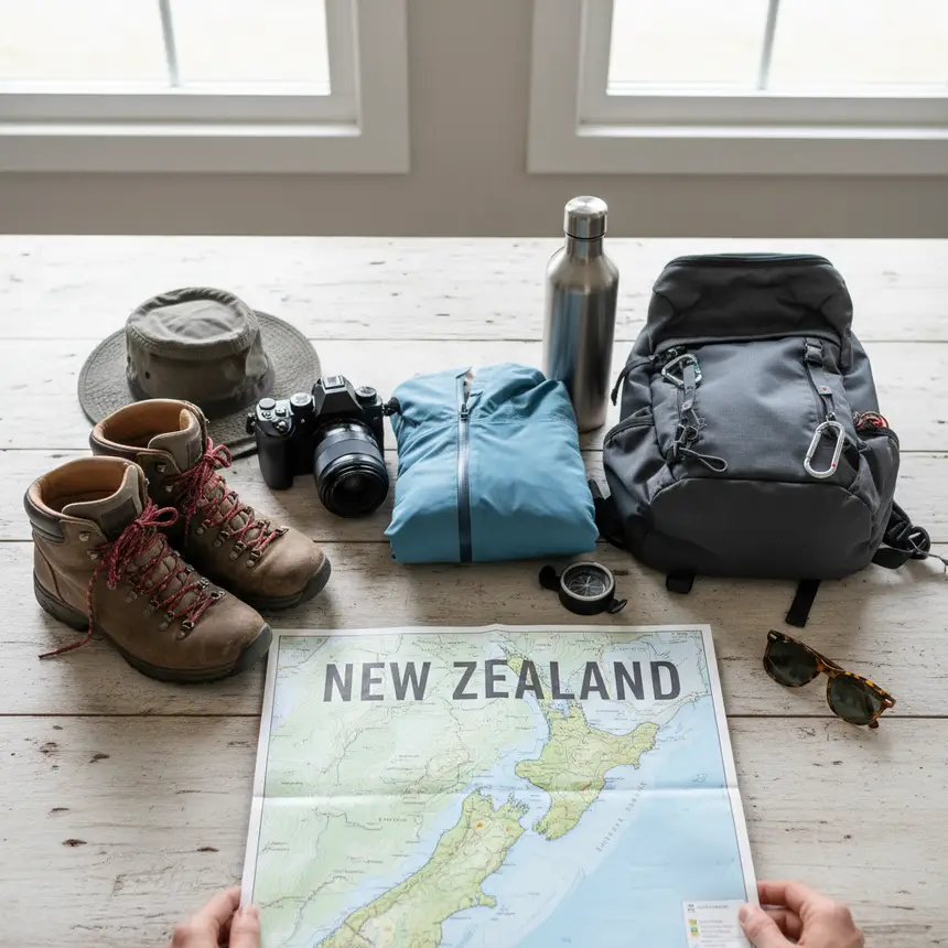 Travel essentials flat lay
