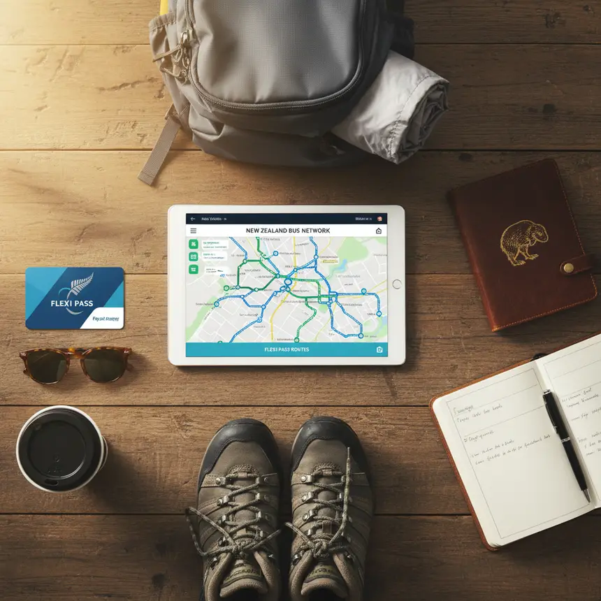 New Zealand bus travel preparation flat lay