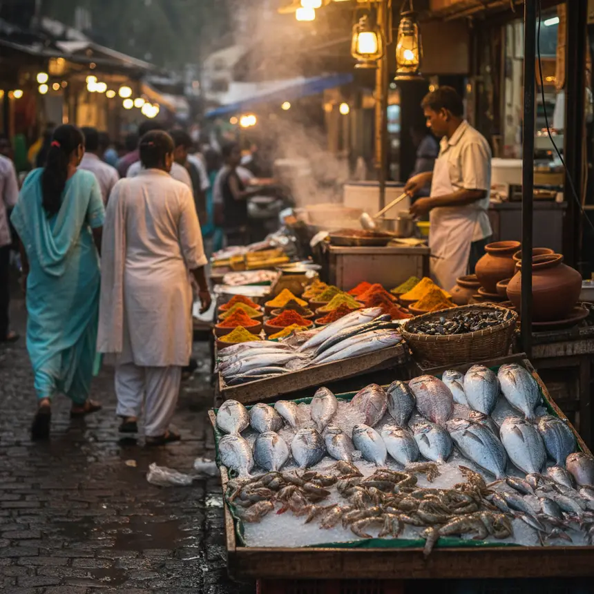 Goan market with seafood and spices