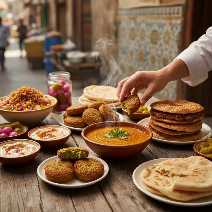 Egyptian traditional food spread, lentil soup, falafel, hawawshi