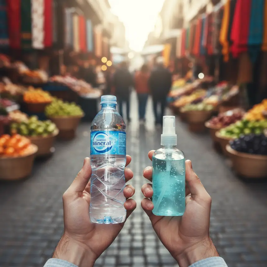 Bottled water, hand sanitizer, market street