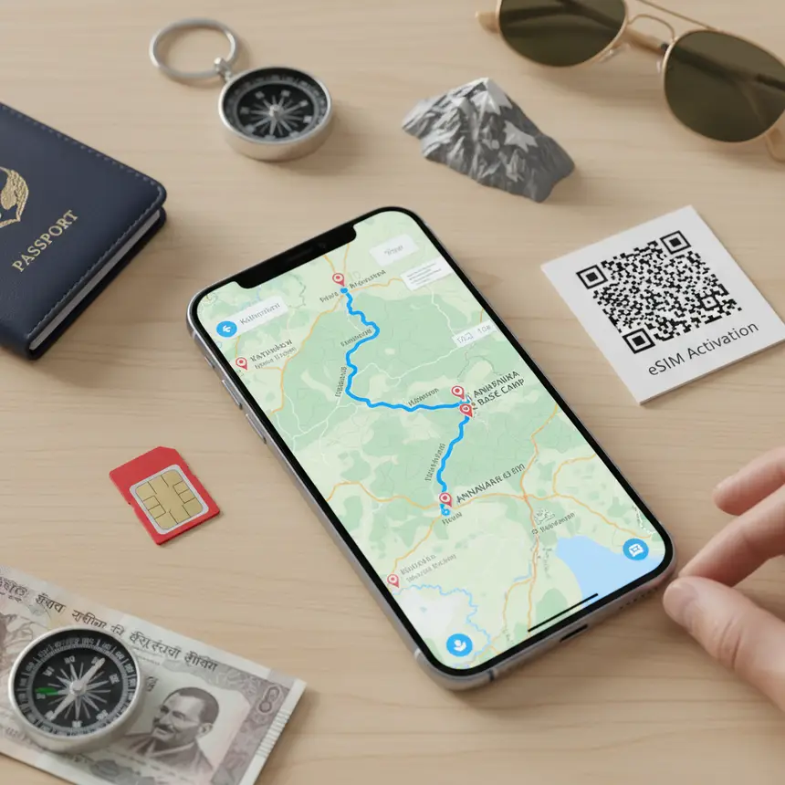 Smartphone map, SIM card, eSIM QR code