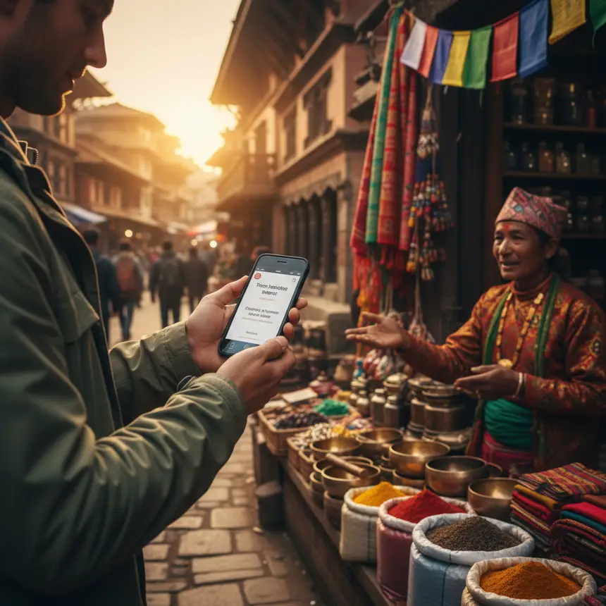 Traveler at market using translation app