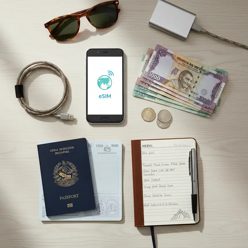 Travel flat lay, smartphone, local currency, passport