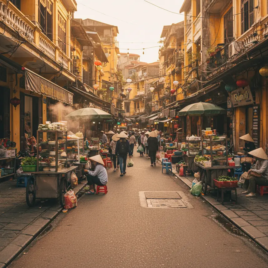 Hanoi Old Quarter market at night with traditional vendors