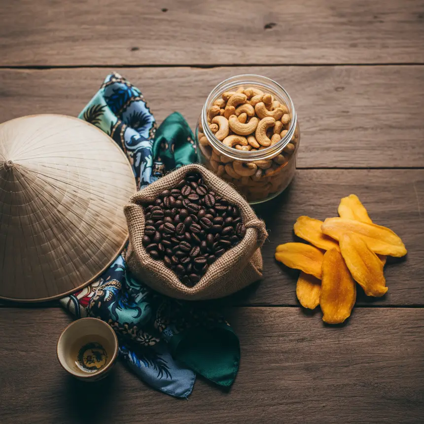 Assortment of Vietnamese coffee, snacks, and traditional crafts as souvenirs